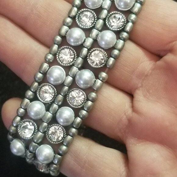 Vintage Premier Designs Pearl and Rhinestone Pendant, Earing and Bracelet Set - Picture 9 of 12